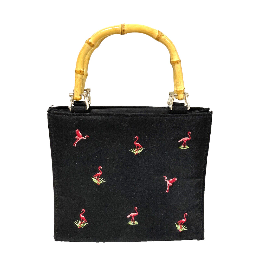 Vintage Pink Flamingo Evening Bag Purse Bamboo Double Top Handles Satin Novelty